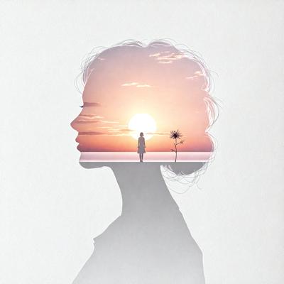 The primary subject of the image is a woman's head, which is the main focus of the image. The setting is a beach, with the sun in the background, creating a warm and serene atmosphere. The visual style is a combination of digital art and illustration, giving the image a unique and artistic appearance. The colors are predominantly warm and natural, with the sun and the beach creating a sense of tranquility and relaxation.